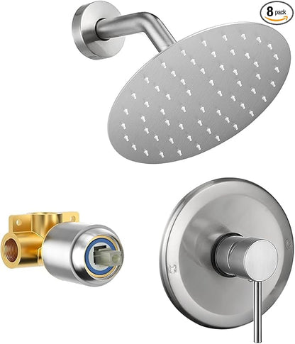 HUCKLE Shower Faucet Set with Shower Head, 8-Inch Brushed Nickel Shower Faucet with Valve, Single-Handle Rainfall Shower Trim Kit, Matte Black Shower Fixtures for Bathroom