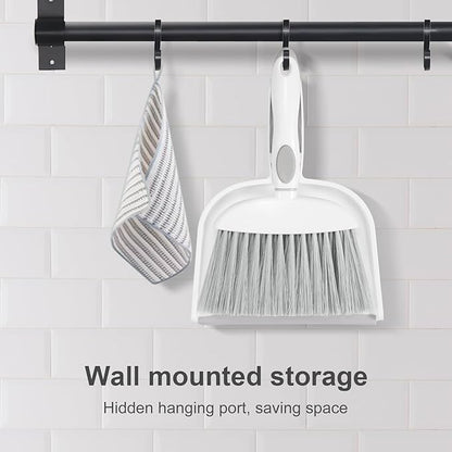 NACENA Small Dust Pan and Brush Set, Mini Broom and Dustpan Set Small Hand Broom and Brush Combo Dust Pan with Teeth for Home Cleaning Drawers Desktop Sofas Pet Care and Outdoor, White & Gray