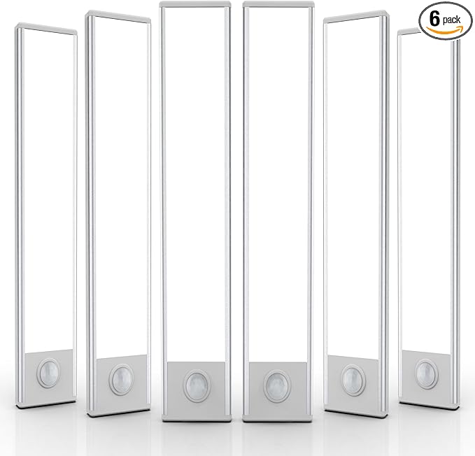 6 Pack Under Cabinet Lighting Wireless, 58 LED Rechargeable Battery Motion Sensor Light Indoor, Stick On Magnetic Closet Lights, Under Counter Lights for Kitchen, Stairs, White 14 in