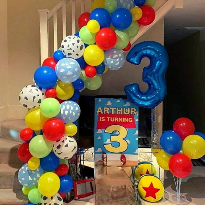 Toy Inspired Story Balloons, 12 Inch Cow Print Sky Blue Cloud Balloons Red Blue Yellow Green Balloons for Kids Boys Birthday Party Farm Themed Party Decorations