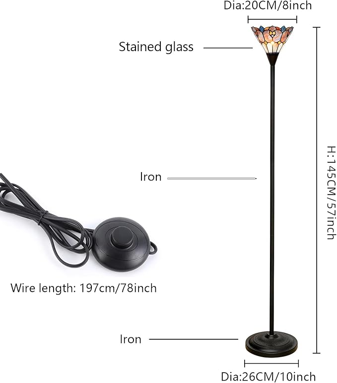 Tiffany Stained Glass Torchiere Floor Lamp Tiffany Style Standing Corner Light Antique Handcrafted Pole Floor Reading Uplight Lamp (Bulb Include)