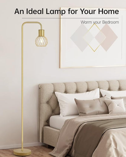 Brass Gold Standing Floor Lamp for Living Room - Modern Industrial Design with 6W LED Bulb, Foot Switch, Metal Tall Stand, Minimalist Farmhouse Boho Style for Bedroom & Office