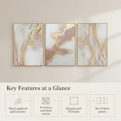 Pink Abstract Canvas Wall Art For Living Room, Large Gold Abstract Painting Water Flow Shape For Bedroom, Framed Modern Wall Pictures for Home Decor Ready to Hang 28x60 inches