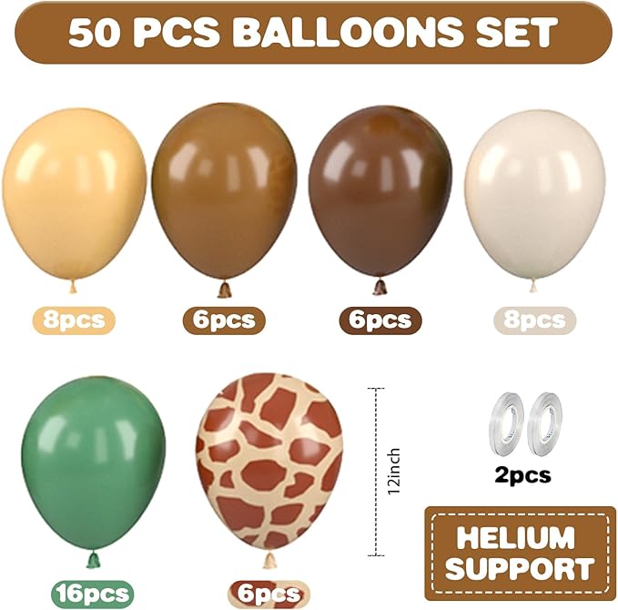 Jungle Balloons, 12 Inch Green and Brown Balloons, Sage Green Brown Apricot Giraffe Khaki Print Latex Balloon for Safari Baby Shower Forest Jungle Animal Theme Birthday Party Decorations