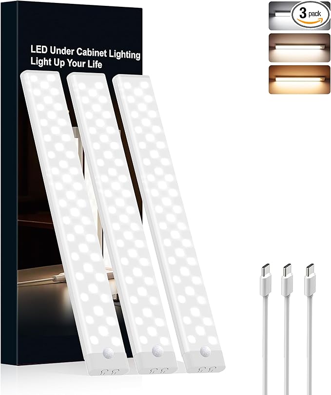 Under Cabinet Lighting 3 Packs, Rechargeable Motion Sensor Light Indoor, 8 Inches, 3 Color Temps, 29LEDs Dimmable Closet Light Stick on, Under Counter Lights for Kitchen
