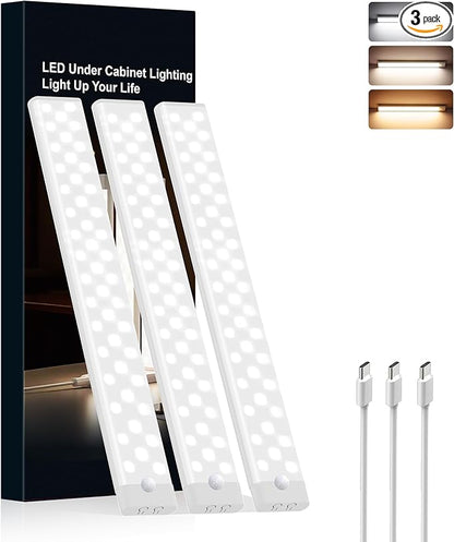 Under Cabinet Lighting 3 Packs, Rechargeable Motion Sensor Light Indoor, 8 Inches, 3 Color Temps, 29LEDs Dimmable Closet Light Stick on, Under Counter Lights for Kitchen