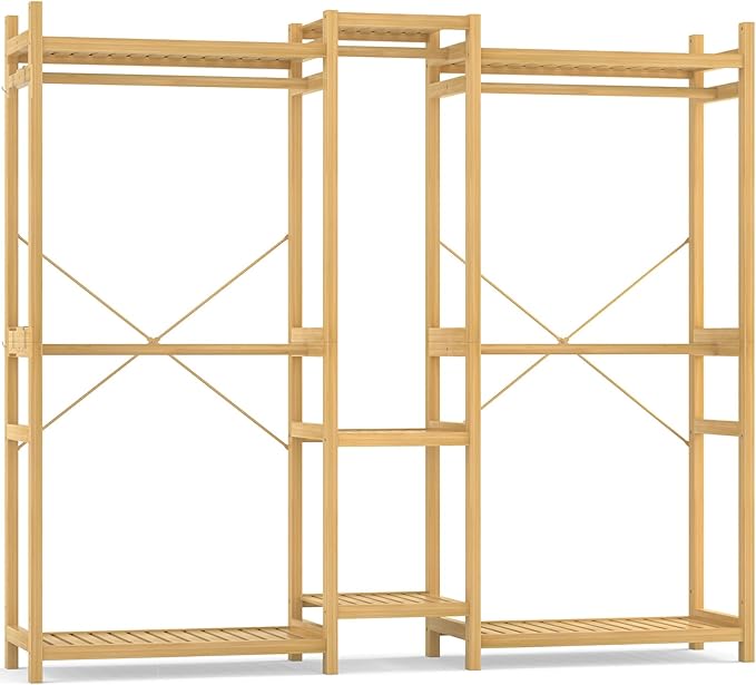 Homykic Bamboo Closet System, Large Clothing Rack for Hanging Clothes, Freestanding Clothes Rack with 7 Shelves & 5 Hanging Rods, Open Wardrobe Closet Organizer Garment Rack with 4 Hooks