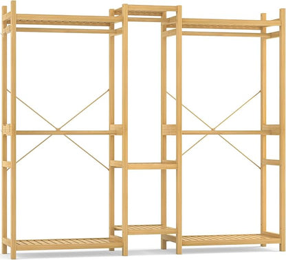 Homykic Bamboo Closet System, Large Clothing Rack for Hanging Clothes, Freestanding Clothes Rack with 7 Shelves & 5 Hanging Rods, Open Wardrobe Closet Organizer Garment Rack with 4 Hooks