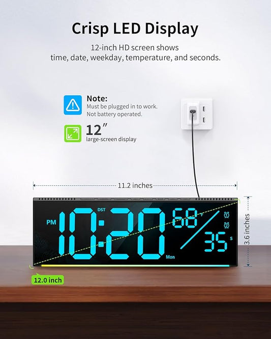 Digital Wall Clock, Large Display Digital Clock with 11 RGB Colors, Wall Clock with Night Light, Alarm Clock, Date, Week, Temp, DST for Living Room, Bedroom, Classroom Decor, Gift for Senior Mom Dad