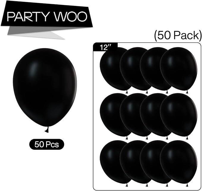PartyWoo Black Balloons 50 pcs 12 Inch Matte Black Latex Helium Balloons for Graduation Halloween New Year Anniversary Birthday Retirement Party Decorations Black-Y18