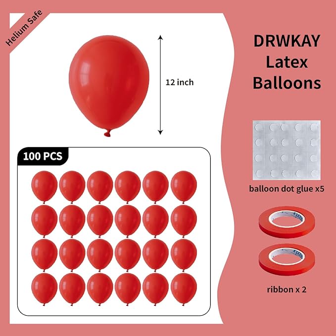 Red Balloons 100 Pack, 12 Inch Latex Helium Dark Red Balloons Garland for Elegant Birthday Wedding Baby Shower Graduation Arch Party Decorations