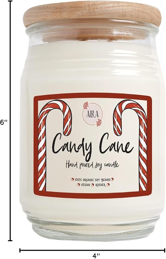 Aira Soy Christmas Candles - Organic, Kosher, Vegan, in Farmhouse Jar w/Essential Oil Blends - Hand-Poured 100% Soy Candle Wax - Paraffin Free, Burns 150+ Hours - Peppermint Candy Cane - 20 Ounces