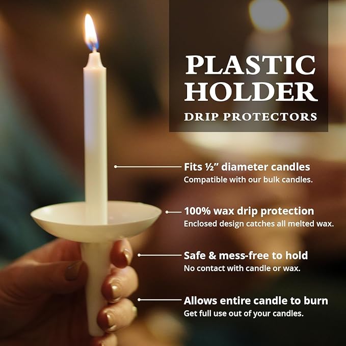 Concordia Supply Plastic Holder Candle Drip Protectors with 4.25" x 1/2" Candles - Easy to Hold White Plastic Candle Holders - Ideal for Candlelight, Memorial, & Congregational Services - Set of 100