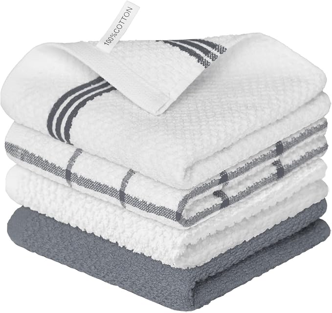 Artoid Mode Ring Spun Cotton Grey Dishcloth Kitchen Towels, 12x12 Inch Ultra Soft Absorbent Quick Drying Household Cleaning Kitchen Rags Set of 4