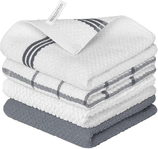Artoid Mode Ring Spun Cotton Grey Dishcloth Kitchen Towels, 12x12 Inch Ultra Soft Absorbent Quick Drying Household Cleaning Kitchen Rags Set of 4