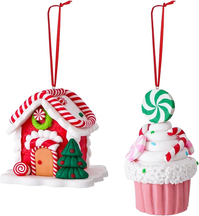 Set of 2 Christmas Tree Decorations, Candy House & Ice Cream Christmas Ornaments, Claydough Xmas Hanging Decor for New Year Party Wedding Home