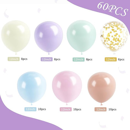 Pastel Balloons, 60 Pcs 12 Inches Macaron Pink Blue Purple Green Yellow Orange Color Balloon Gold Confetti for Birthday Baby Shower Wedding Rainbow Pastel Party Decorations