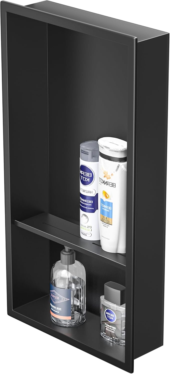 Stainless Steel Shower Niche Matte Black 24" X 12" No Tile Needed Wall Niche Double Recessed Shower Shelf for Bathroom Over Mount Installation