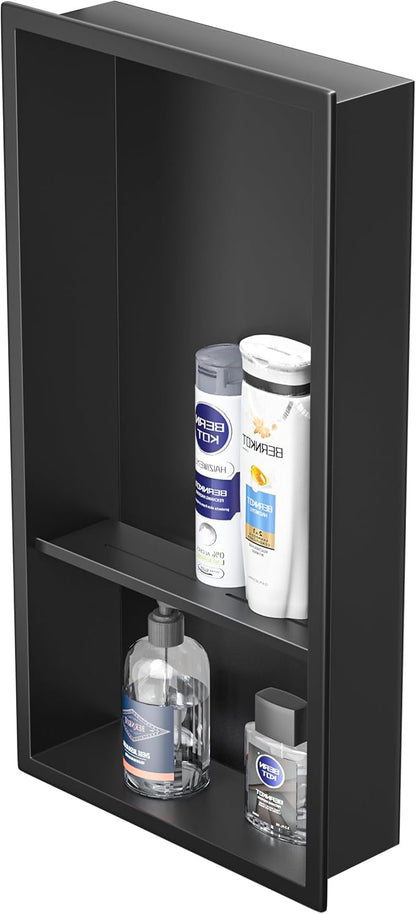 Stainless Steel Shower Niche Matte Black 24" X 12" No Tile Needed Wall Niche Double Recessed Shower Shelf for Bathroom Over Mount Installation
