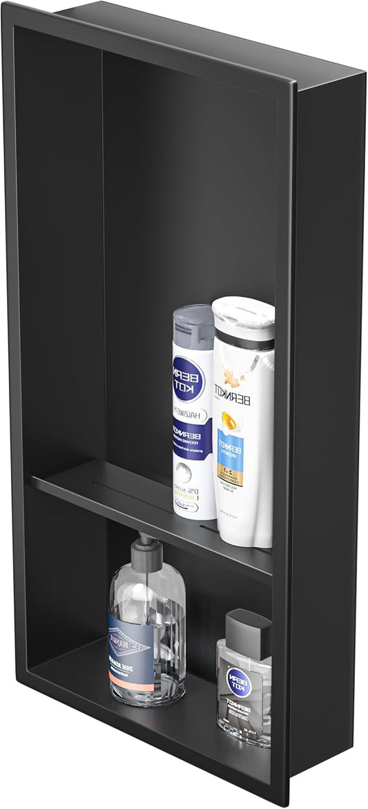 Stainless Steel Shower Niche Matte Black 24" X 12" No Tile Needed Wall Niche Double Recessed Shower Shelf for Bathroom Over Mount Installation