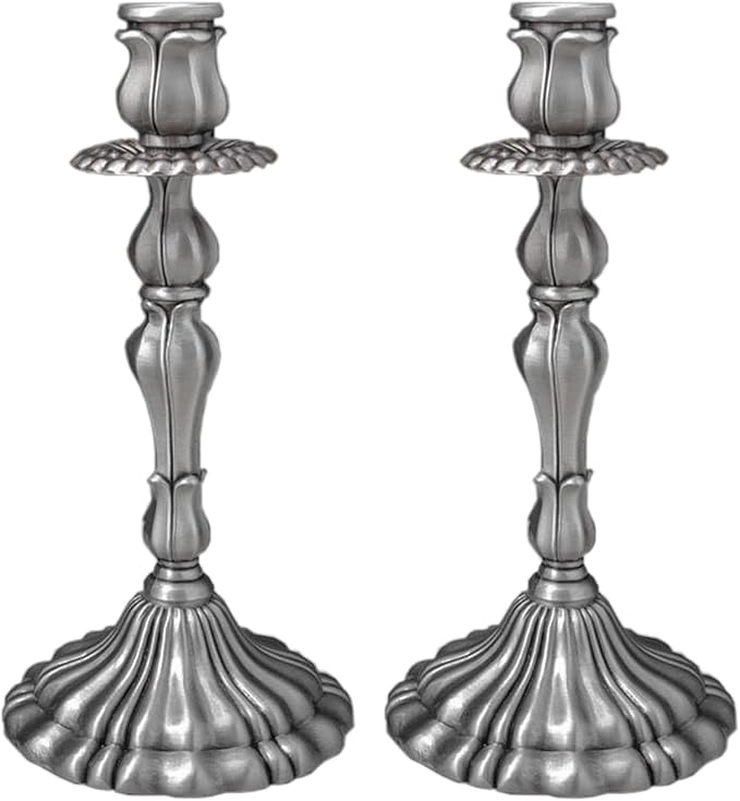 Taper Candle Holders, Vintage Embossed Candlesticks with Sleek Electroplated Finish, Modern Decorative Candle Holders for Dining Table, Party, Home Decor, Set of 2 (Antique Pewter)