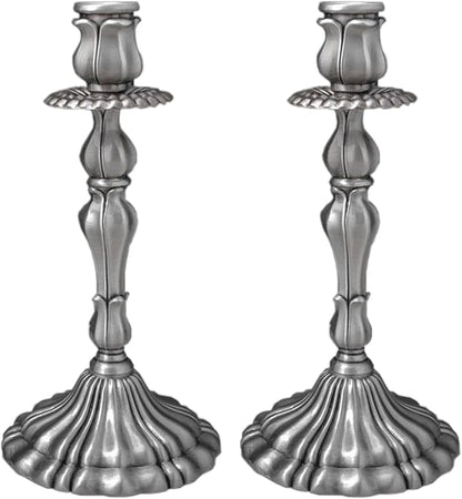 Taper Candle Holders, Vintage Embossed Candlesticks with Sleek Electroplated Finish, Modern Decorative Candle Holders for Dining Table, Party, Home Decor, Set of 2 (Antique Pewter)