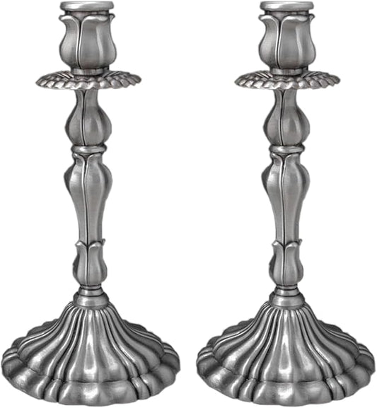 Taper Candle Holders, Vintage Embossed Candlesticks with Sleek Electroplated Finish, Modern Decorative Candle Holders for Dining Table, Party, Home Decor, Set of 2 (Antique Pewter)