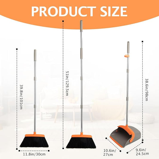 2-Pack Broom and Dustpan Set with Long Handle, Heavy Dust Broom and Dustpan Combo for Home，Kitchen, Office, Pet Hair(Gray Orange)
