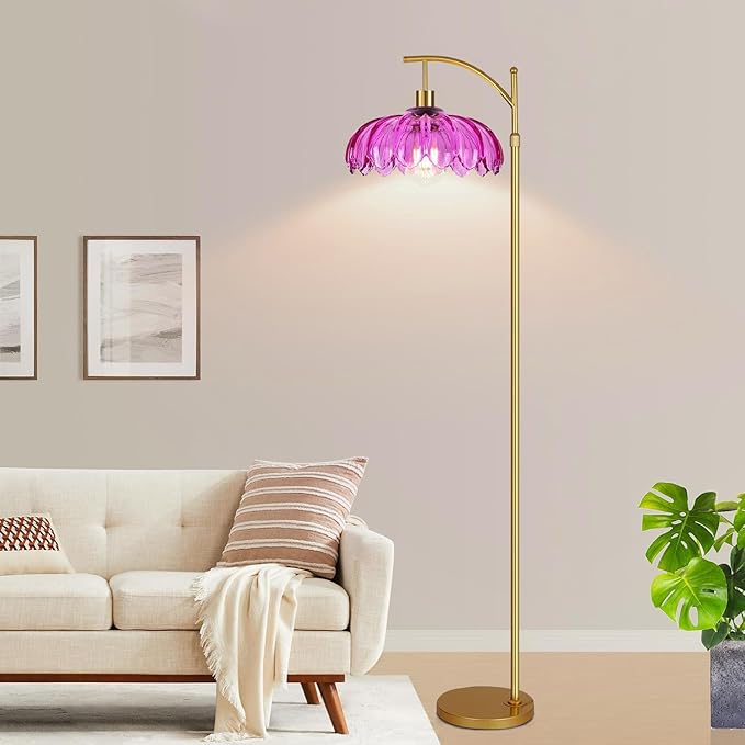 Floor Lamp for Living Room,Bedroom,Gold Dimmable Standing Lamp with Remote,Mid Century Modern Brass Tall Lamp Retro Vintage Purple Glass Lamp Floor Light Boho Bohemian