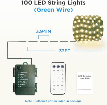 33ft Battery Operated String Lights, 100 LED Warm White & Multicolor Fairy String Lights Battery Powered w/Remote & Timer for Indoor Outdoor Christmas Trees Decoration Bedroom Patio