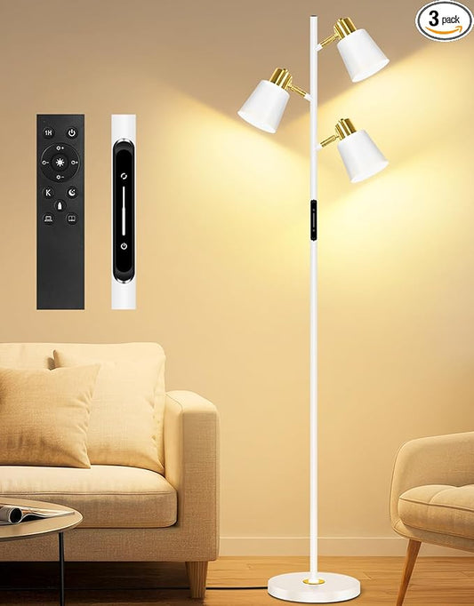 OUTON LED Tree Floor Lamp, Modern Dimmable Standing Lamp with Remote & Touch Control, 4 Color Temperatures, 3 Rotatable Lights Floor Lamps for Living Room, Bedroom, Office, White & Gold