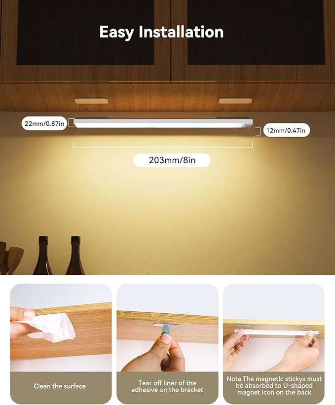 12-Pack Under Cabinet Lighting with 2 Charging Stations, 8-in Rechargeable Motion Sensor Light Indoor, 3 Color Dimmable Closet Light, USB Stick on LED Magnetic Under Counter Lights for Kitchen