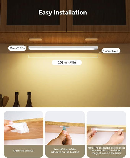 3-Pack Under Cabinet Lighting with Charging Station 8-Inch Rechargeable Motion Sensor Light Indoor 3 Color Dimmable Closet Light, USB Stick on LED Magnetic Under Counter Lights for Kitchen Stair