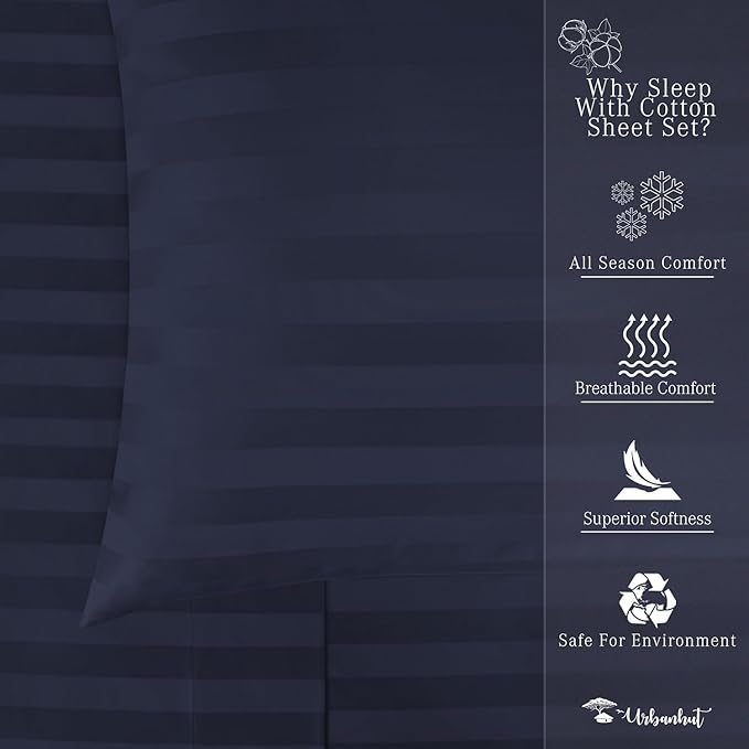 URBANHUT 800 Thread Count Egyptian Cotton Damask Striped King Size Sheets Set (4 Pc) - Ultra Soft & Smooth, Sateen Weave King Size Sheets, Luxury Hotel Sheets with 16" Deep Pocket - Navy Blue