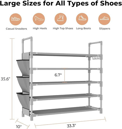 5 Tier Shoe Rack, Shoe Organizer Storage for 20-25 Pair Boot and Sneaker, Stackable Free Standing Shoe Shelf with Hooks and Side Pocket, Space Saving Shoes Rack for Closet, Entryway, Grey