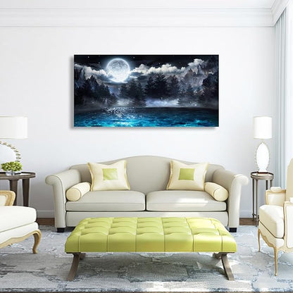 Moon Ocean Pictures Canvas Wall Art for Living room Office Bedroom Wall Decor,Ocean Wall Art Print Paintings Modern Mystery Cloud Forest Blue Lake Artwork Waterproof Ready to Hang-24X48 inch