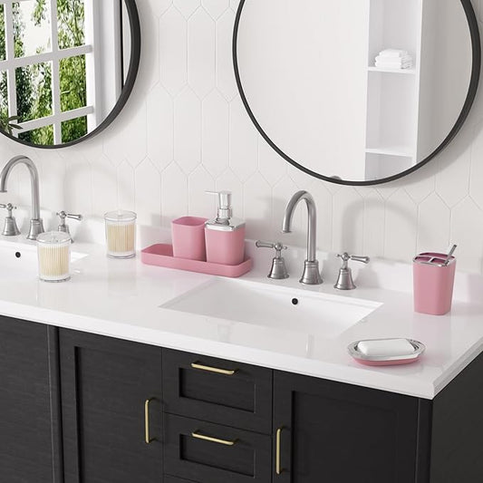 Pink Bathroom Accessories Set, 9PCS Pink Bathroom Accessory Sets Complete with Trash Can, Tray,Soap Dispenser,Soap Dish,Toothbrush Holder,Cup,Toilet Brush and Qtip Holders for Housewarming