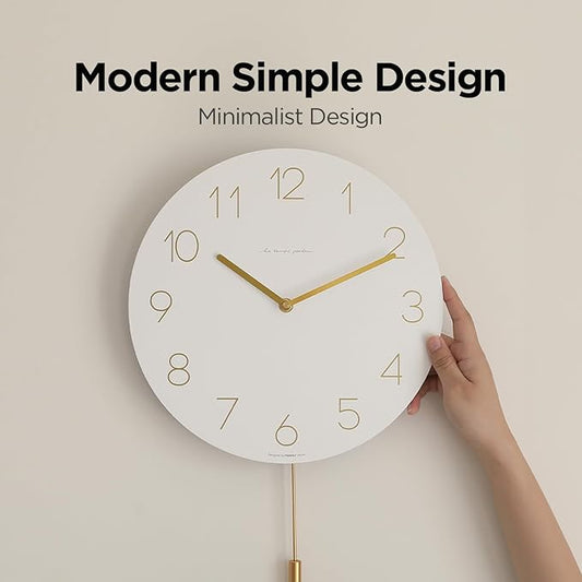 mooas Flatwood Wall Clock Pendulum White,12" Wood Wall Clock Non-Ticking Sweep Movement Decorative Clock Battery Operated Clock for Home Living Room Kitchen Bedroom Office School