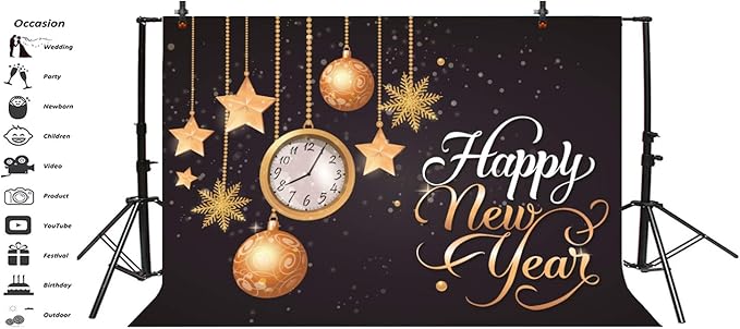 Leyiyi 6x4ft Happy New Year Backdrop Clock Vintage Eve Party Bokeh Halo Banner Snowflake Glitter Sequin Luxury Star Photo Background Merry Christmas Portrait Shoot Vinyl Studio Prop