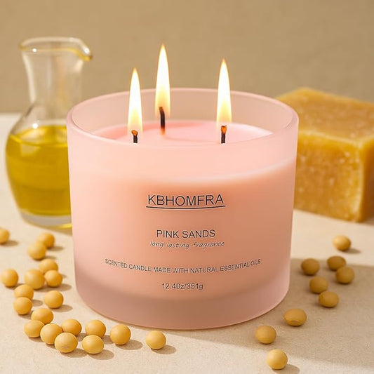 Scented Soy Wax Candle, 12.4 Oz Glass Jar, 70+ Hours Burn Time, Natural Essential Oils, Cotton Wick, Long Lasting Fragrance, Modern Contemporary Style (Pink Sands 2 Pack)