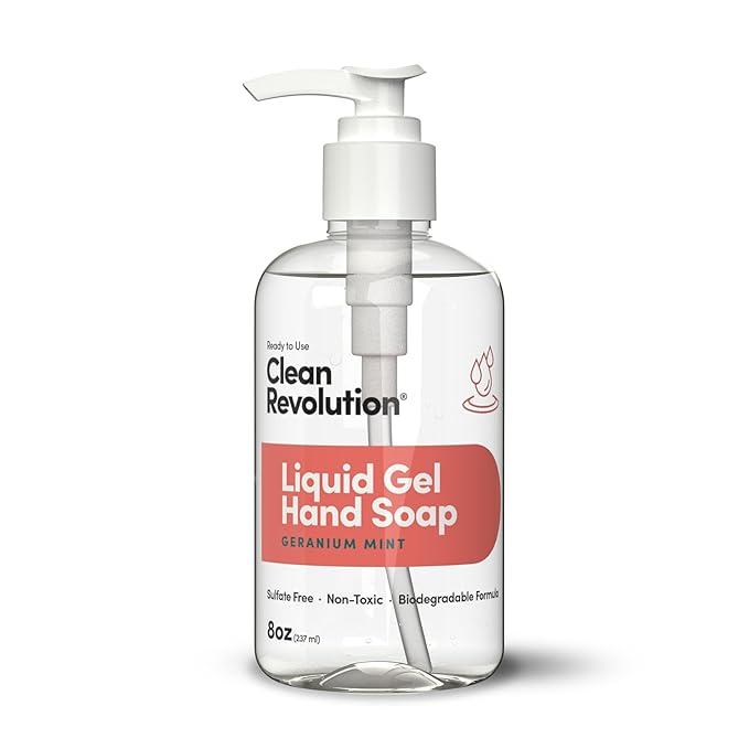 Clean Revolution Liquid Gel Hand Soap, Silky Rich Liquid, Quick Lather, Fast Rinsing, Contains Real Essential Oils (Geranium Mint) 8 Fl Oz