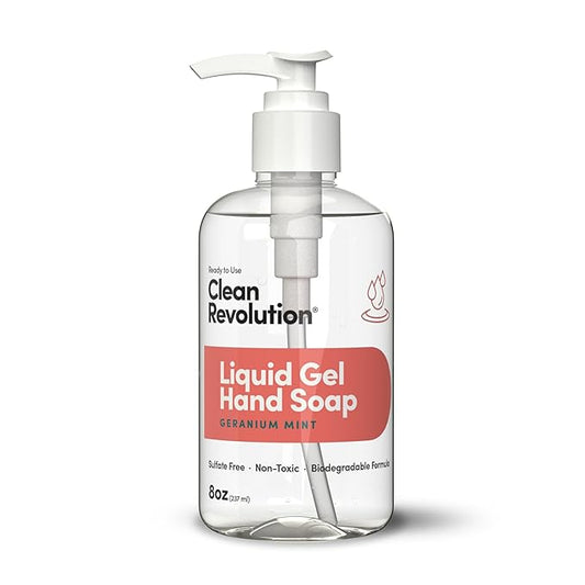 Clean Revolution Liquid Gel Hand Soap, Silky Rich Liquid, Quick Lather, Fast Rinsing, Contains Real Essential Oils (Geranium Mint) 8 Fl Oz