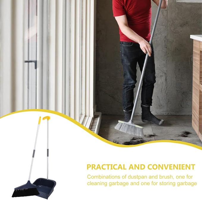 Broom and Dustpan Set Heavy Duty with Long Handle, Soft Bristle Broom and Large Dustpan for Home Cleaning, Pet Hair Removal, Indoor Floor Sweeping, White
