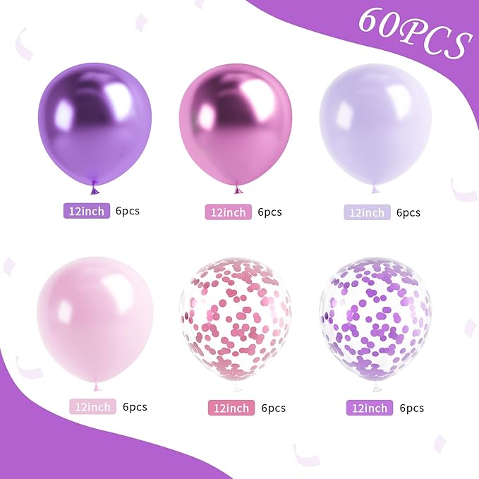 Pink and Purple Balloon, 60 Pcs 12 Inches Metallic Purple Pink Confetti Latex Balloons for Girls Birthday Baby Shower Wedding Party Decorations