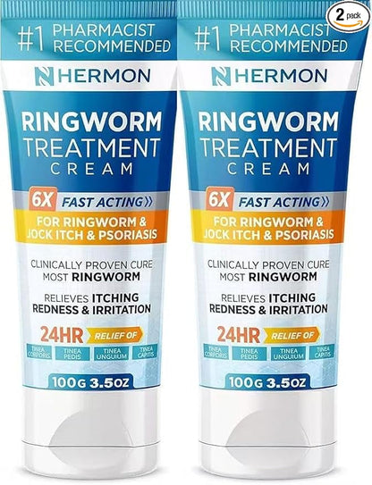 Hermon Powerful Antifungal Ringworm Cream - Effective Treatment for Stubborn Ringworm, Jock Itch, Eczema, Tinea Versicolor, Athlete's Foot - for Adults and Kids - 100ml (2 Pack)