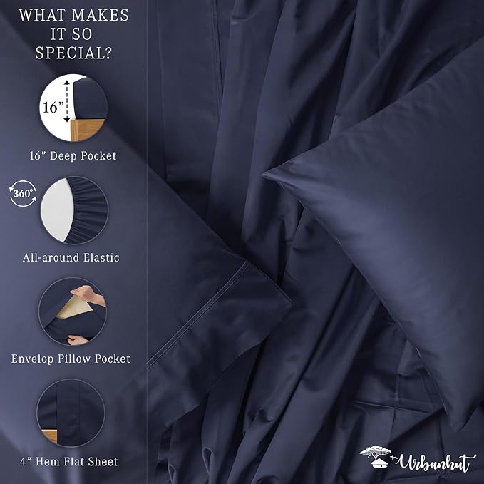 URBANHUT King Size Sheets - Egyptian Cotton, 4 Pc Bed Sheet Set, Luxury Hotel Sateen, Fits 16" Deep Pocket - Navy Blue