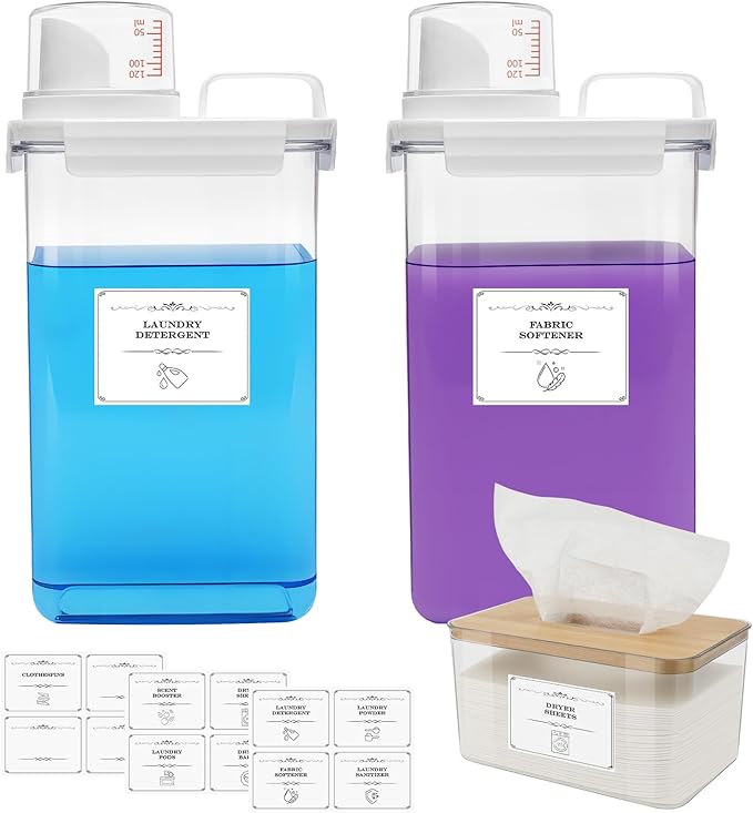 2 Pack Laundry Detergent Dispenser and Dryer Sheet Holder Set, 78 oz Laundry Soap Dispenser, Plastic Liquid Fabric Softener Dispensers for Laundry Room Organization with 12 Labels
