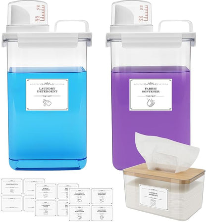 2 Pack Laundry Detergent Dispenser and Dryer Sheet Holder Set, 78 oz Laundry Soap Dispenser, Plastic Liquid Fabric Softener Dispensers for Laundry Room Organization with 12 Labels