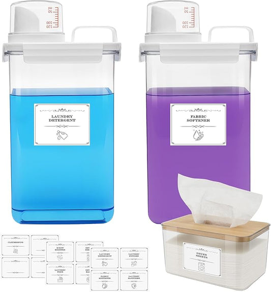 2 Pack Laundry Detergent Dispenser and Dryer Sheet Holder Set, 78 oz Laundry Soap Dispenser, Plastic Liquid Fabric Softener Dispensers for Laundry Room Organization with 12 Labels