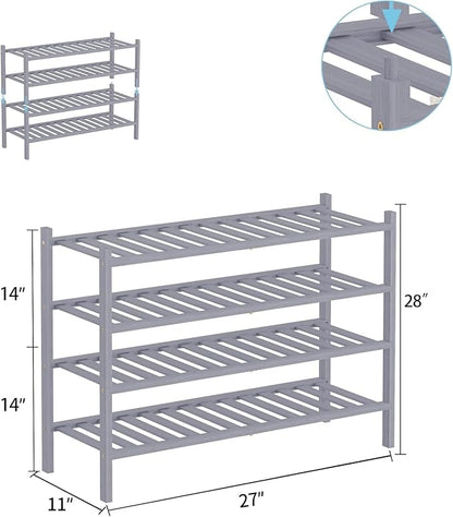 RONGJlA 4 Tier Bamboo Shoe Rack for Closet Free Standing Wood Shoe Shelf Storage Organizer for Entryway Small Space Stackable, Gray